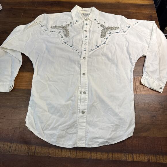Vintage Freego Womens Small White Western Beaded Shirt Button Down Long Sleeve - Picture 1 of 5